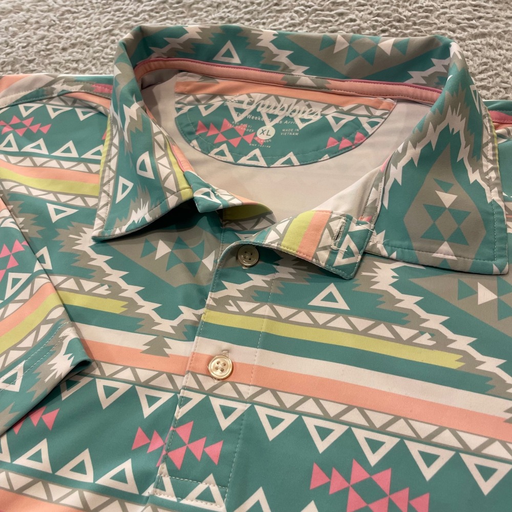 Chubbies En Fuego Wild Polo Shirt Mens XL Teal Pink Aztec Southwestern Geometric
